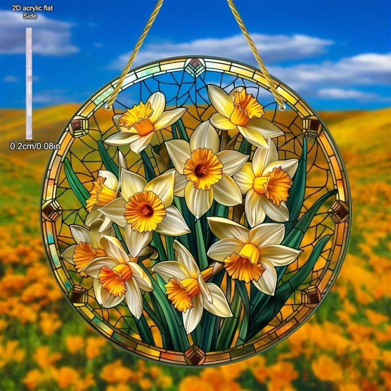 2D Flat Acrylic Garden Round Wall Hanging Decoration Sign, Daffodil Spring Sun Catcher, Nurseries, Vintage Home Decor Wall for Bar Kitchen