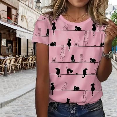 Mode Frauen gestreiften Katze Print T Shirt lustige lässig O-Ausschnitt kurze Ärmel T-shirt Sommer weibliche T-Shirt