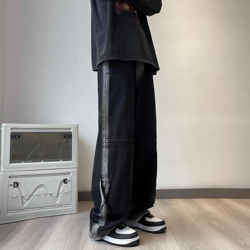 High Street Gradient American Wide Leg Jeans Men's Clothing Denim Pants Stylish Cross Spliced Vintage Young Style Loose Trousers