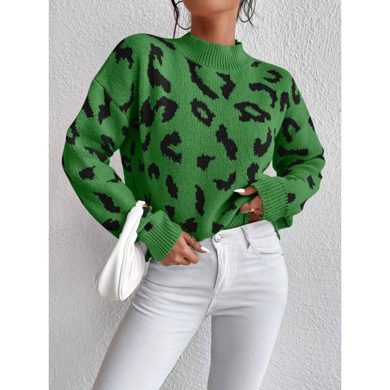 Women S Fashion Round Neck Long Sleeve Pullover Sweater Leopard Print