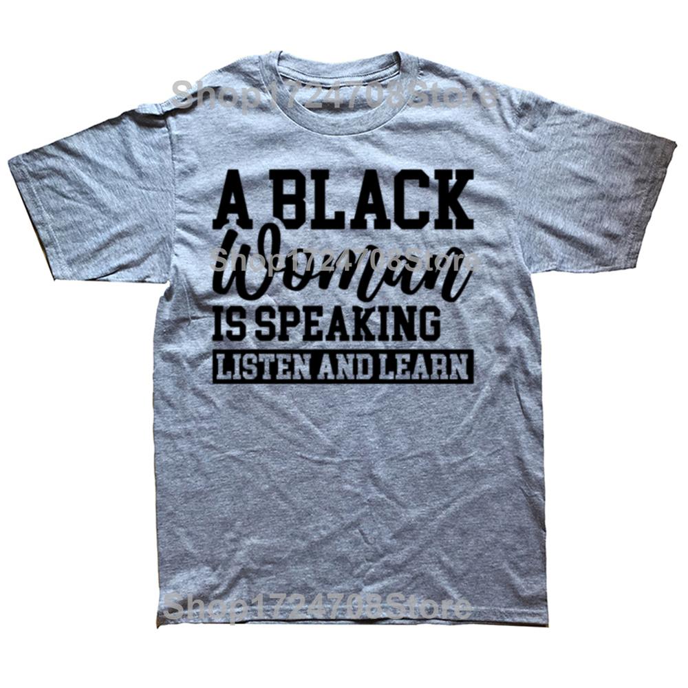 Lustig Eine schwarze Frau spricht Zuhören und Lernen Vintage Grafik T-Shirts Herrenmode Lässig Baumwolle Locker Übergroßes T-Shirt