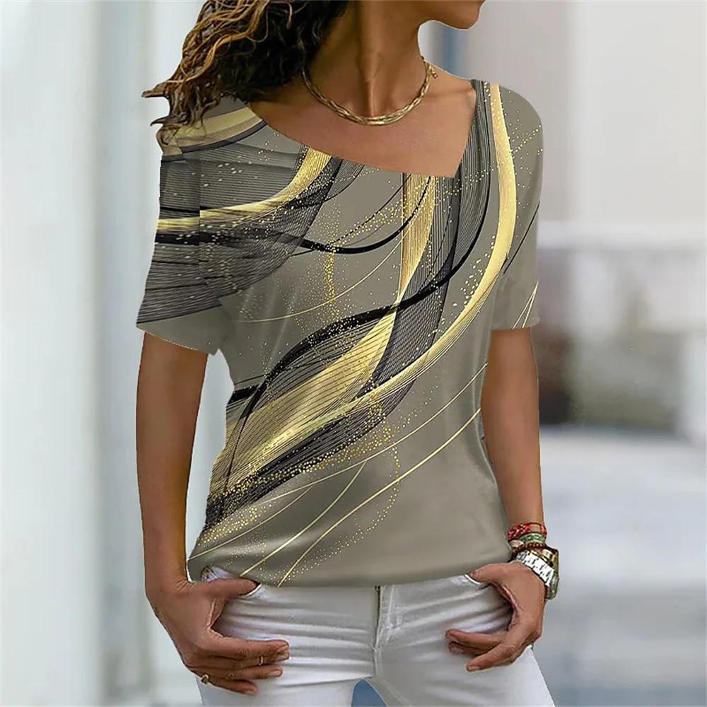 Women's 3D Flower Pattern T-shirt Irregular V-neck Design Y2k Fashion Trend Summer Short Sleeve Sexy Neckline Tshirts 2023