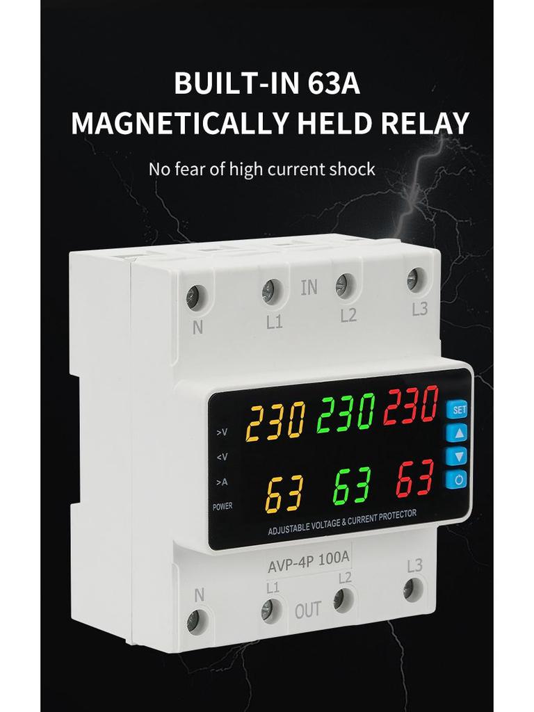 Three-Phase Digital Voltage Protector with 6-Display ATS, Overcurrent Protection, 63A/100A Capacity, 230V.