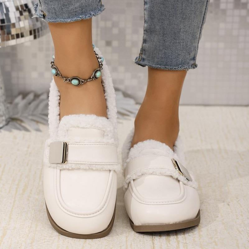 Fashion Women's Flat Shoes Winter New Round Head Deep Mouth Metal Buckle Thick Soft Sole Non-slip Cotton Shoes