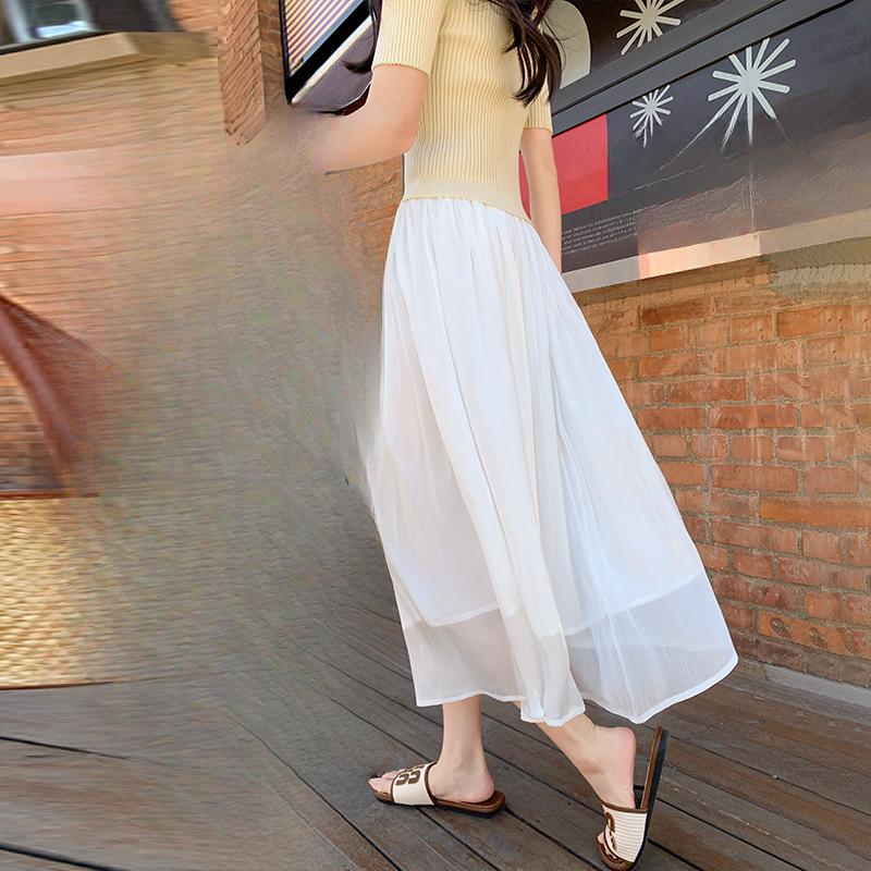 Women's Summer White Luminous Half Skirt High-Waisted A-Line Skirt Drapey Long Tulle Skirt