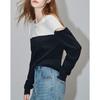 Demana French Style Waffle Knit Patchwork Off-Shoulder Sweatshirt