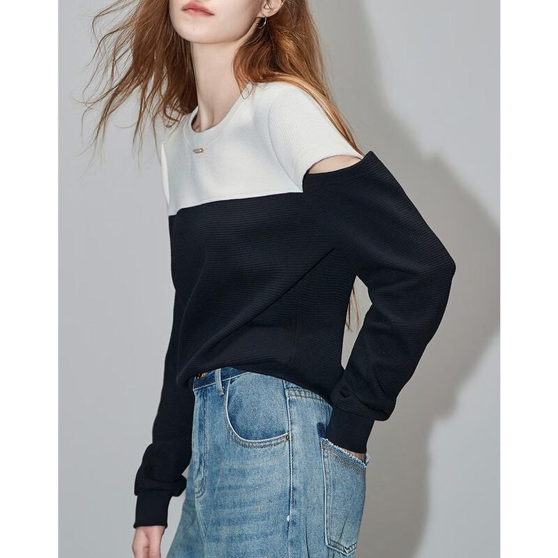 Demana French Style Waffle Knit Patchwork Off-Shoulder Sweatshirt