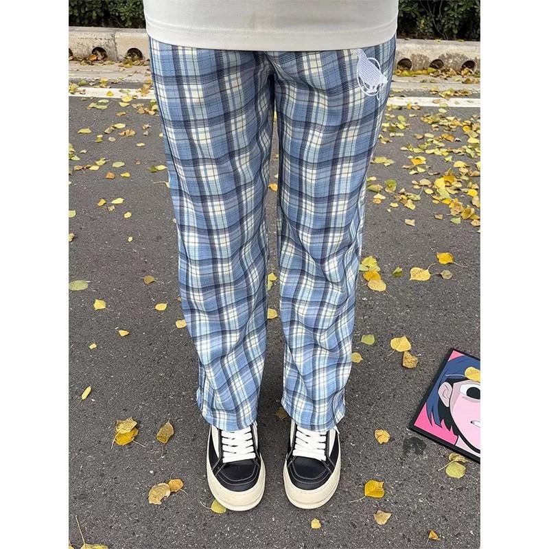 American North Carolina Blue Plaid Pants Men's Autumn High-end Side Zipper Straight Micro-pull Pants Casual Sports Trousers