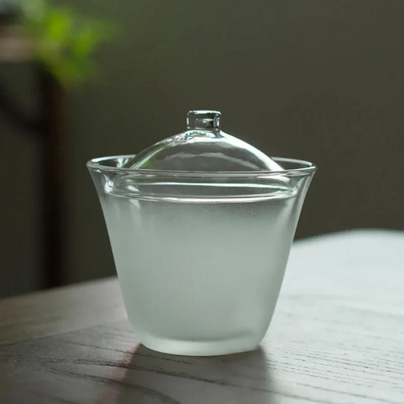 

Прозрачный японский стеклянный гайвань с крышкой Облачный туман , матовая текстура, для захвата рукой, термостойкий, для кунг-фу чая