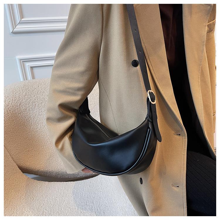 Women's Faux Leather Crescent Bag, Soft Dumpling Shoulder Crossbody Purse, Zipper Closure Handbag for Daily Use