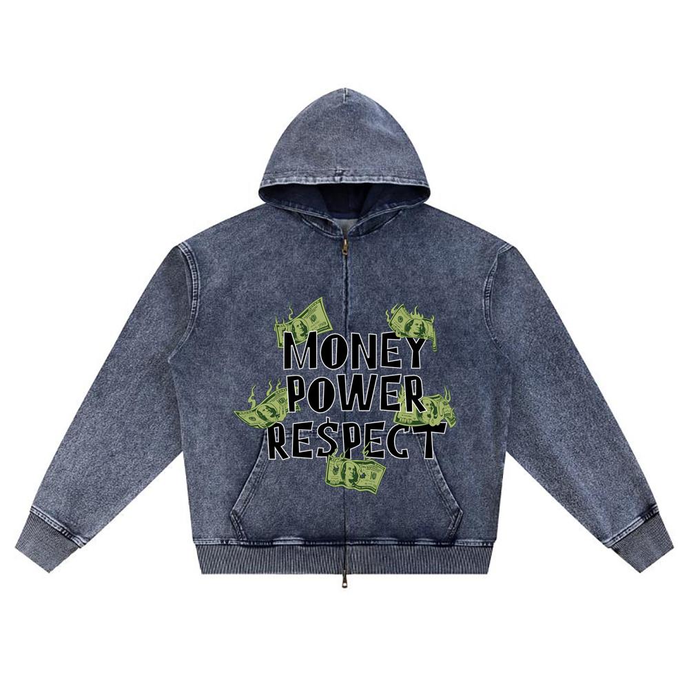DTG print Knitted Denim Zip-Up Hoodie Money Power Respect Brother Print Zipper Hoodies  