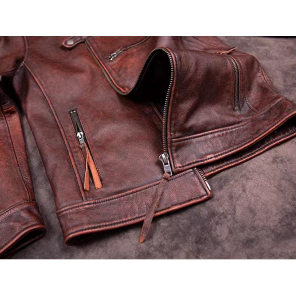 Chinese Size Vitnage Red Brown Men Leather Jacket Cowhide Leather Motorcycle Style Genuine Cow Jackets for Men Autumn