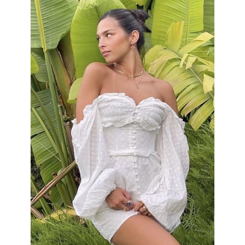 off-Shoulder Retro Temperament Square Collar Lace Dress Breasted