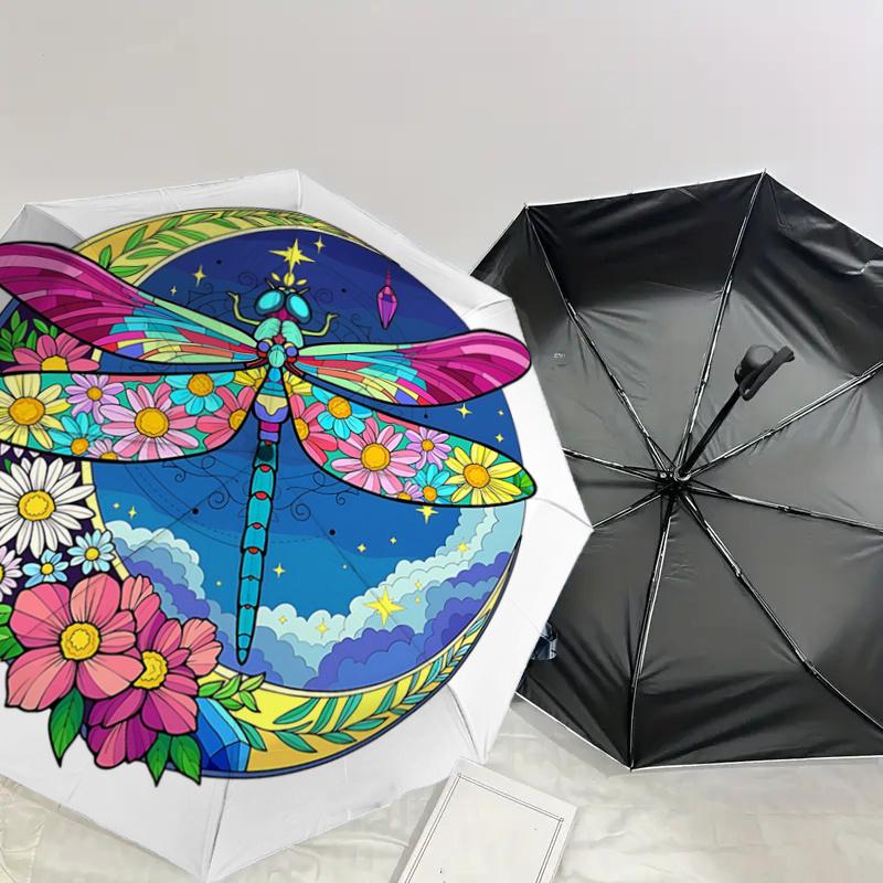 Colorful Dragonfly & Flower Design Automatic Opening Folding Umbrella with 8-Bone Iron Frame, Suitable for Fans, Travelers, Daily Use, and G