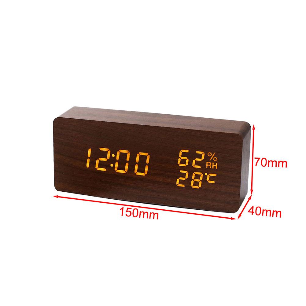 Stiller Holzwecker mit einstellbarer Helligkeit, Thermometer und Hygrometer, USB-betrieben für Schlafzimmer oder Büro