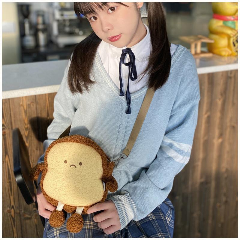 Cute Toast Bread Plush Crossbody Bag Cartoon Smiley Face Phone Wallet Purse For Women Girls Shoulder Handbag