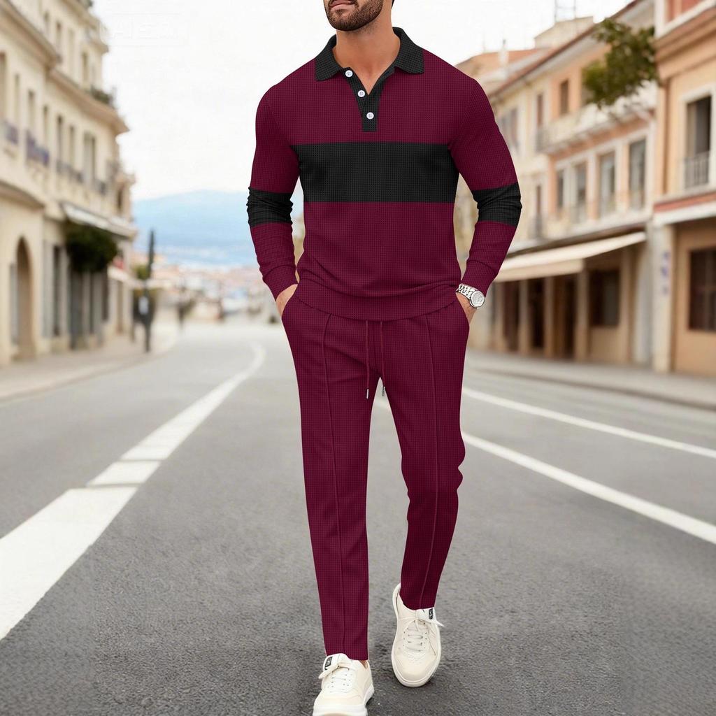 2025 Men's Autumn Waffle Sweatshirt & Pants Set - Casual Long Sleeve Lapel Design