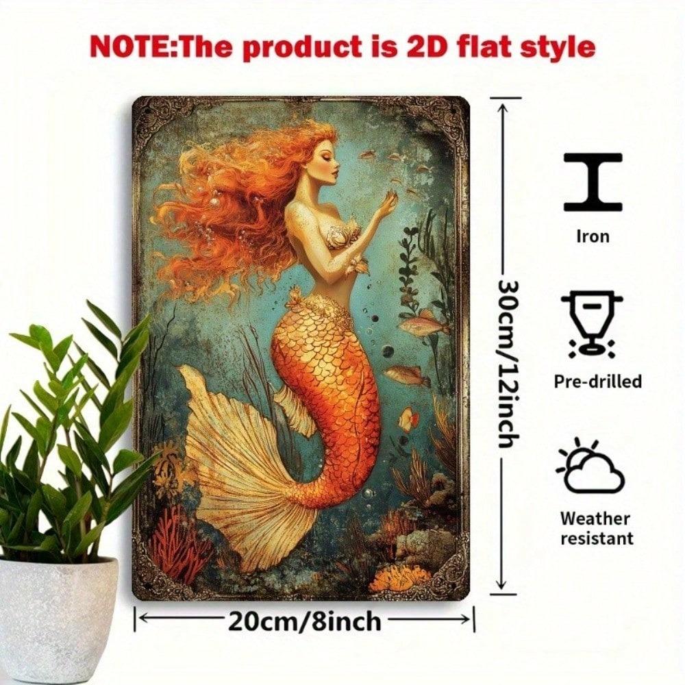 Vintage Tin Metal Mermaid Wall Art Bathroom Decor Ocean Fantasy Sign