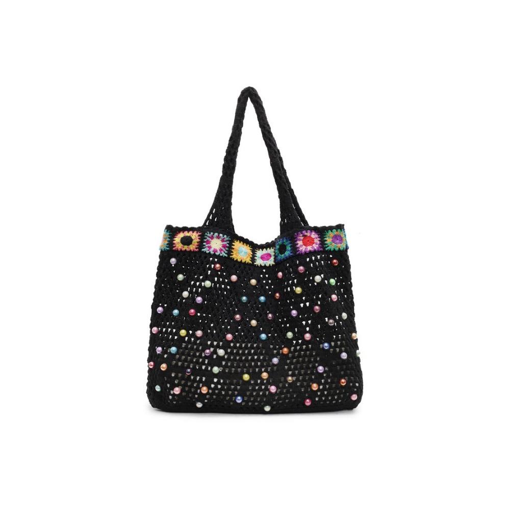 

Korean Style Knitting Shoulder Bag Large Capacity Hollow Out Crochet Tote Bag Contrast Color Versatile Casual Woven Handbag чёрный