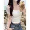 White U-neck off-shoulder short top for women in summer, pure lusty style, exposed navel, high waist, slim hot girl, short-sleeved T-shirt