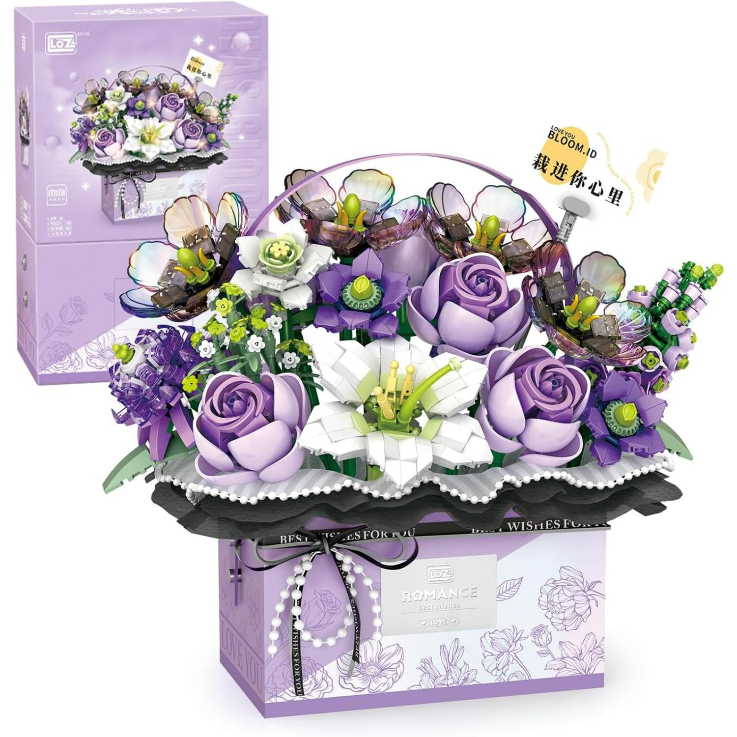 Flower Bouquet Building Blocks Model Set,Simulation Artificial Rose Handheld Gift Box,Bonsai Plant Building Bricks Toys,Home Decor фиолетовый
