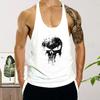 Men Summer Vest O-neck Sleeveless Loose Fit Racerback Sports Top Quick-Drying Skull Print Fitness Vest Bodybuilding Tank Top