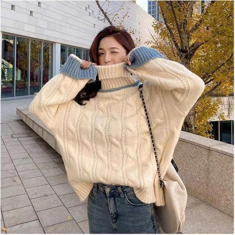 Japanese Sweet High Collar Twist Knit Sweater Autumn and Winter New Collision Color Casual Daily Sweater Female