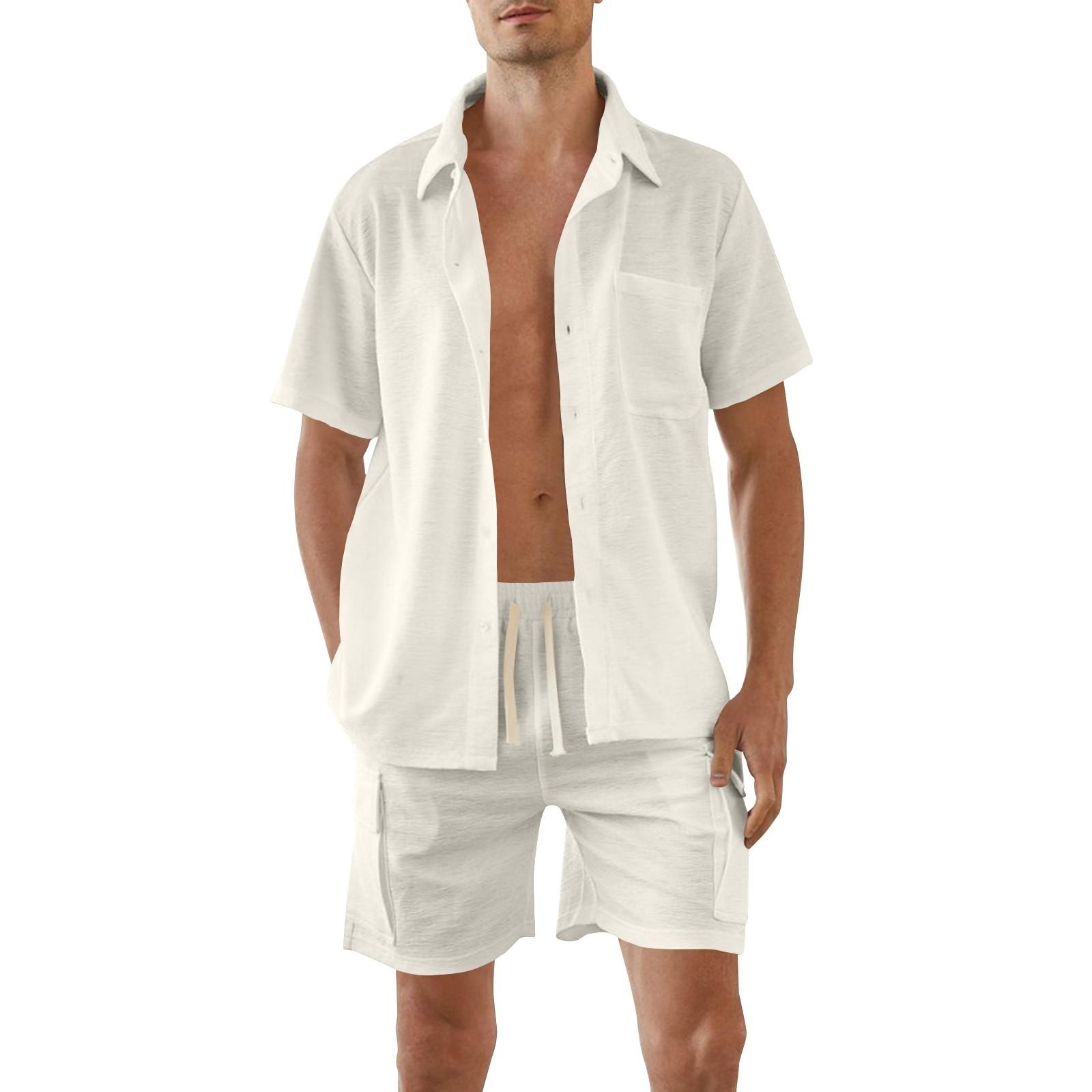 

Мужские однотонные рубашки с короткими рукавами на пуговицах, мужские повседневные модные рубашки с короткими рукавами, комплект шорт XL бежевый