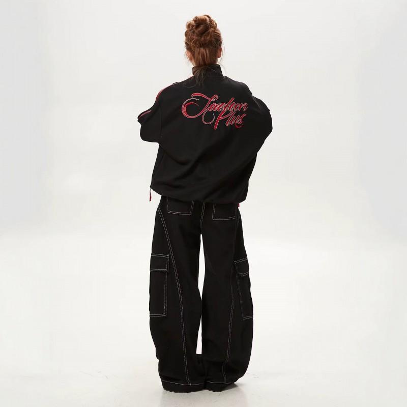 Y2K Vintage Striped Patchwork Jacket Women Stand Collar Streetwear Casual Retro Outerwear