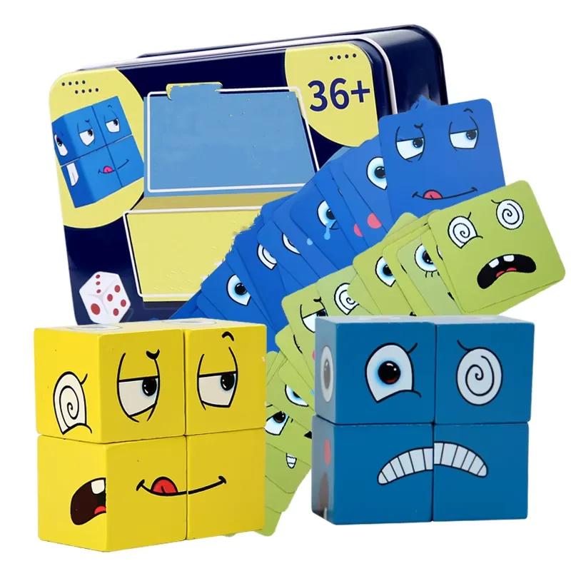 Cube Face zmień klocki gra planszowa drewniane Puzzle Montessori wyrażenie drewniane bloczki Blocos dla dzieci zabawki dla dzieci prezent