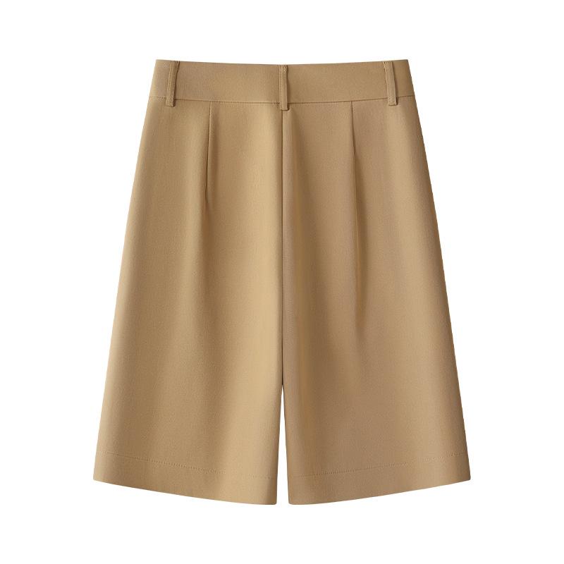Dámské khaki šortky k obleku: Jaro/Léto 2025 Volné, S vysokým pasem, Zeštíhlující, Rovné-Široké nohavice, Pětičtvrteční kalhoty.