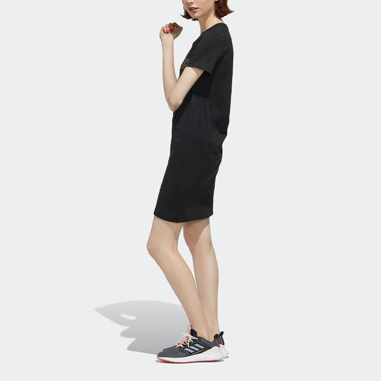 Adidas Logo Comfortable Loose Round Neck Short Sleeve Dress Women Dresses Black FL0141