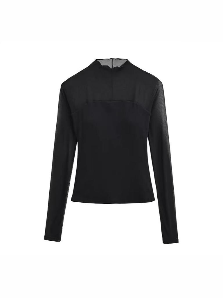 Women's Chic Sheer Mesh Spliced Long Sleeve T-shirt: Elegant Slim-fit, Sexy Base Layer Top