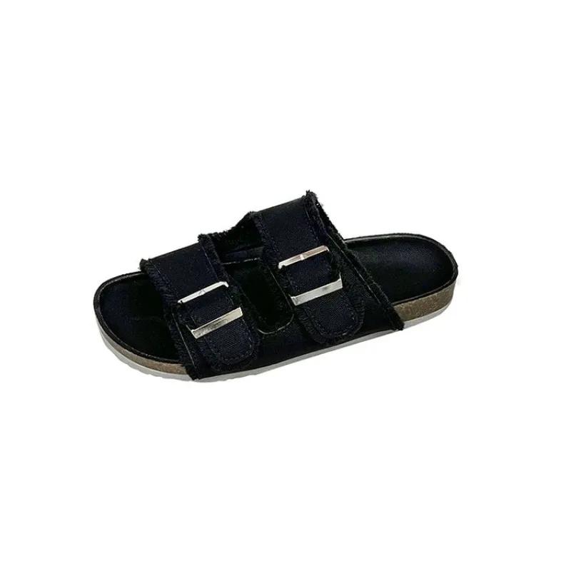 Shoes for Women 2024 Hot Sale Buckle Women's Slippers Summer Open Toe Solid Outdoor Flat Casual Comfortable Large Size Slippers