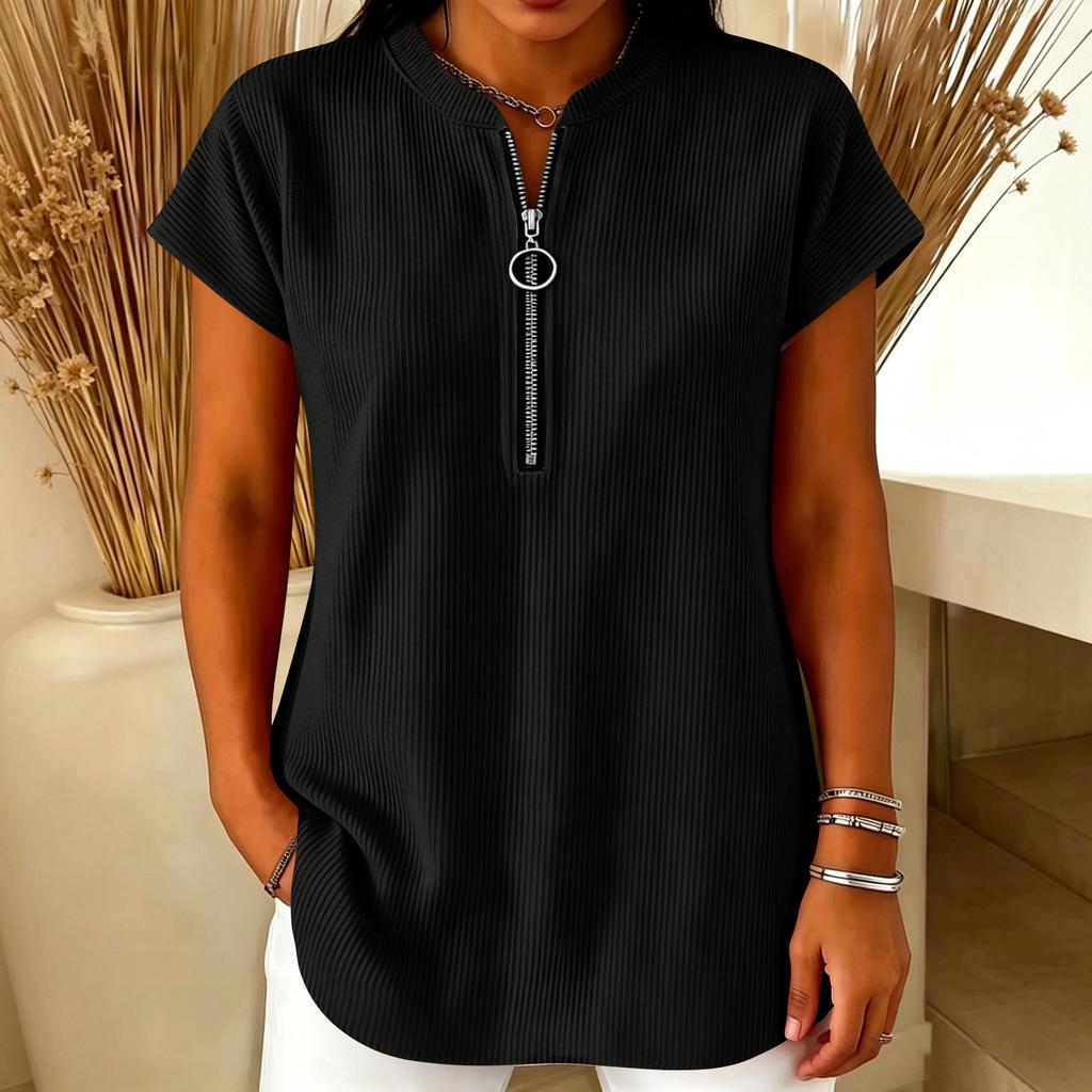 Women's Casual Ribbed Short Sleeve Top with Round Neck and Front Zipper Detail Relaxed Fit Tunic Shirt for Everyday Wear