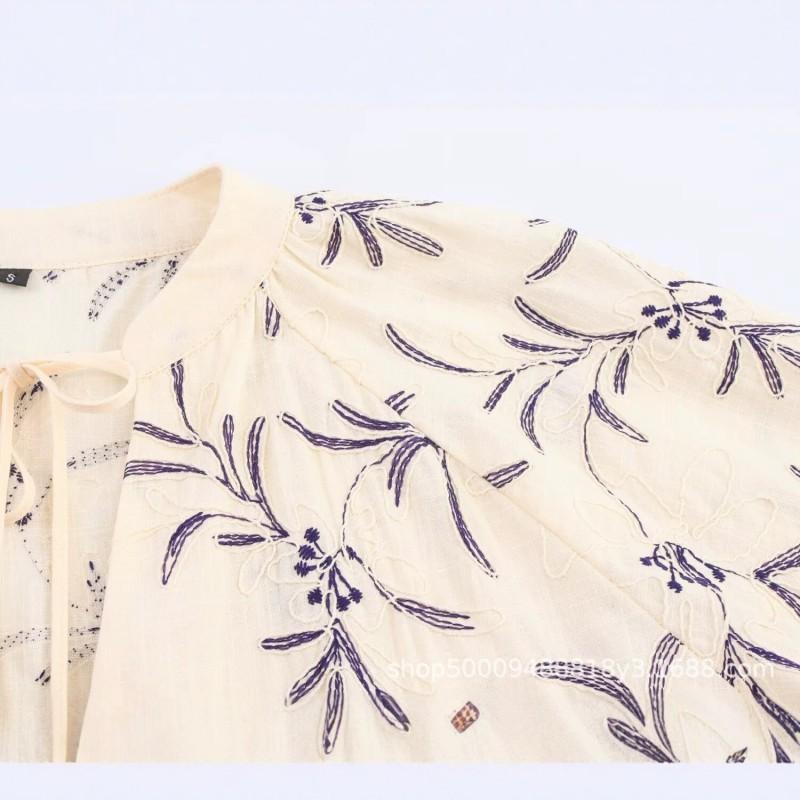 Womens Oversized Long Sleeve Shirt With Embroidered Vintage Wash Detail Lantern Round Neck Loose Fit Streetwear