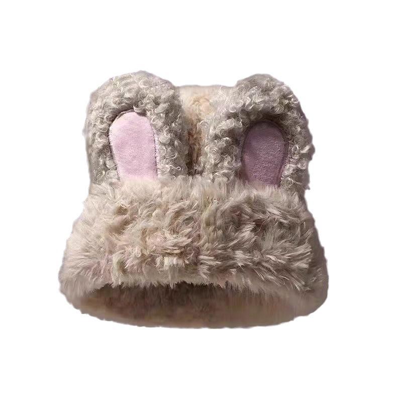 Cute rabbit ear hat white plush autumn and winter warm knitted wool hat women's plush bag head cold hat