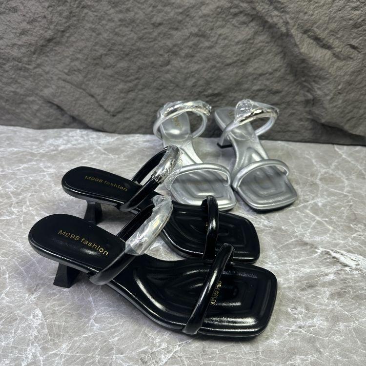 2025 Summer New Women's Shoes Casual High Heels Mid-heel Leak Toe Half-drag Sandals Pedal One-word Slippers Pedal