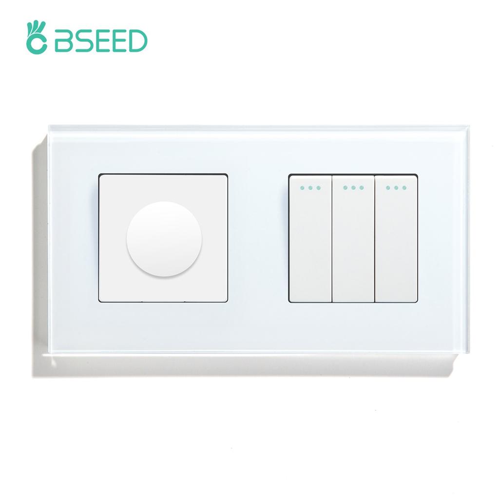 BSEED Mechanical Dimmer Fan Switch With 1/2/3Gang Wall Light Switches EU Socket USB Type-c Power Ports  2.1A Glass Panel