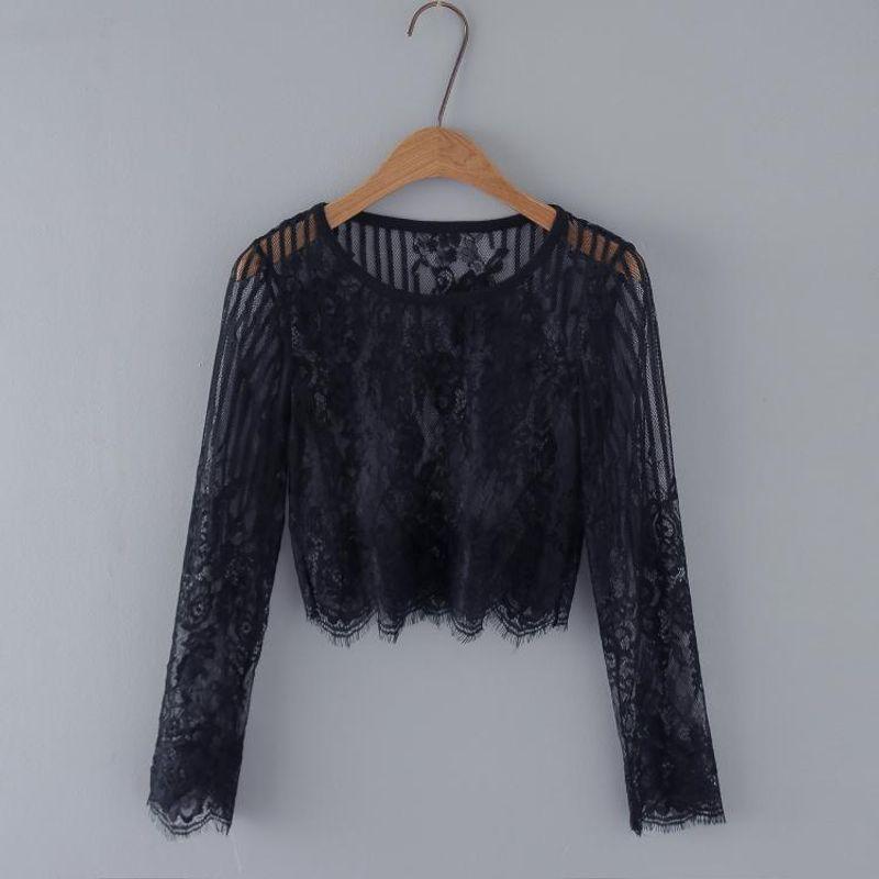

Сексуальный европейский и американский новый кружевной сетчатый топ с неровным высоким вырезом Black Collar Stripes S