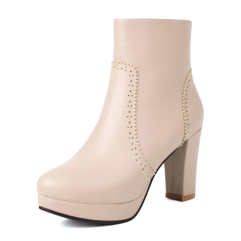 British Platform Ankle Boots Women Red Brown Pinked Microfiber High High Chunky Heel Winter Dress Office Lady Zipper Short Boots