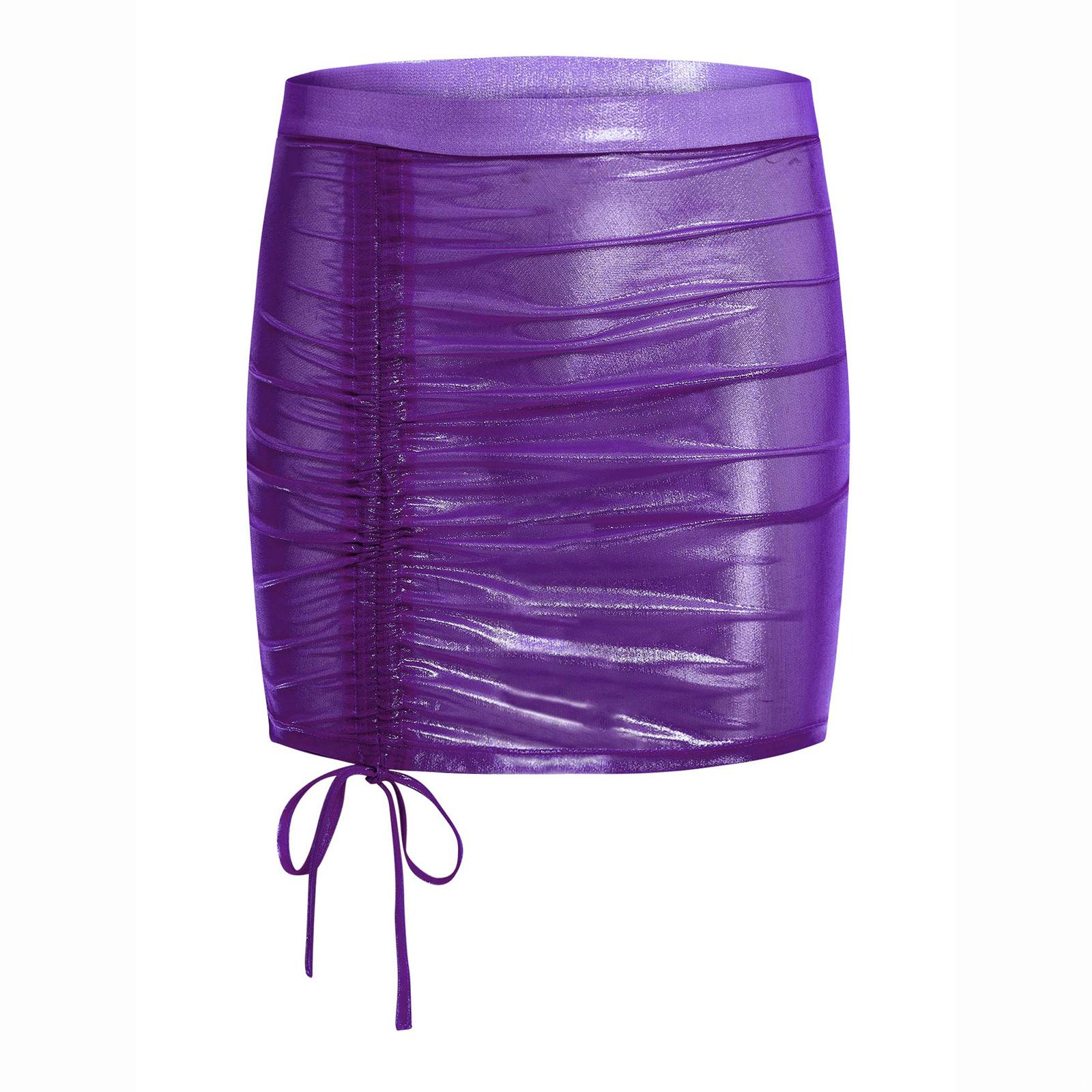 

Women Sheer Sparkly Mini Skirt Metallic Shiny Adjustable Drawstring Short Club Skirt for Nightclub Wear S фиолетовый