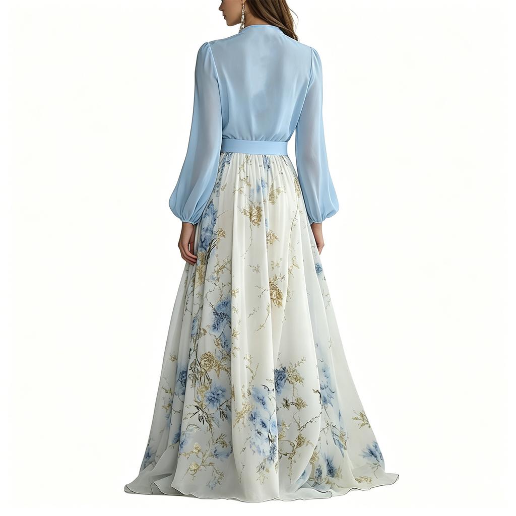 Women Casual Fashion Solid Print Patchwork V Neck Long Dress Lightweight Flowing Fabric Elegant Design for Daily Wear