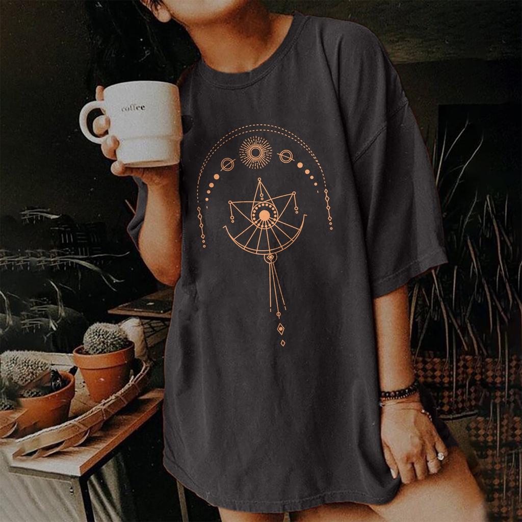 Women's Vintage Drop Sleeves Printed Pattern Casual Short Sleeve Tops Blouse