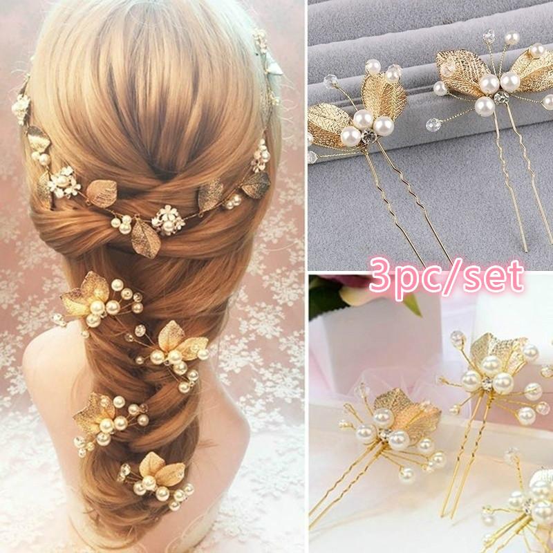 New 3PCS Flower Hairpin Bride Headdress For Women Pearl Mesh U-shaoped Hair Clips Fashion Girls Wedding Hair Accessories Jewelry