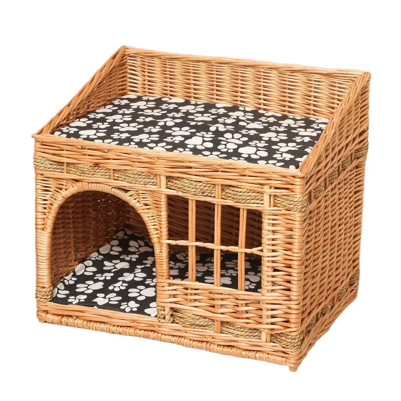 Four Seasons Universal Cat House – Enclosed Rattan Weaving Villa for Cats