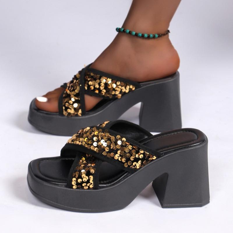 Fashion Ladies Shoes 2024 High Quality Shallow Women's Slippers Fashion Sequins Modem Slippers New Round Toe Heels Women Zapatos Mujer
