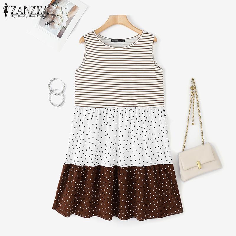 ZANZEA Women Summer Round Neck Loose Sleeveless Polka Dot Print Dress