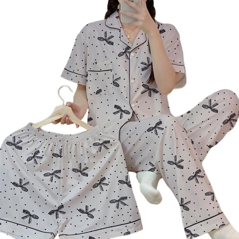 Premium Gray Polka Dot Bow Pajamas Women'S Casual Summer Short-Sleeved Three-Piece Set Loungewear