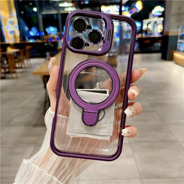 For iPhone 16 Pro Max Luxury Transparent Magsafe Magnetic Holder Frame Phone Case For iPhone 11 12 13 14 15Plus Lens Stand Cover